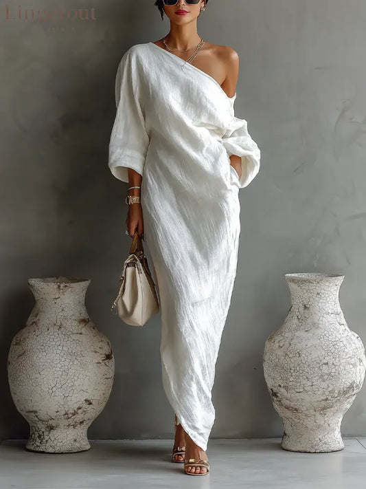 White One-shoulder Flowing Elegant Maxi Dress - White / XS