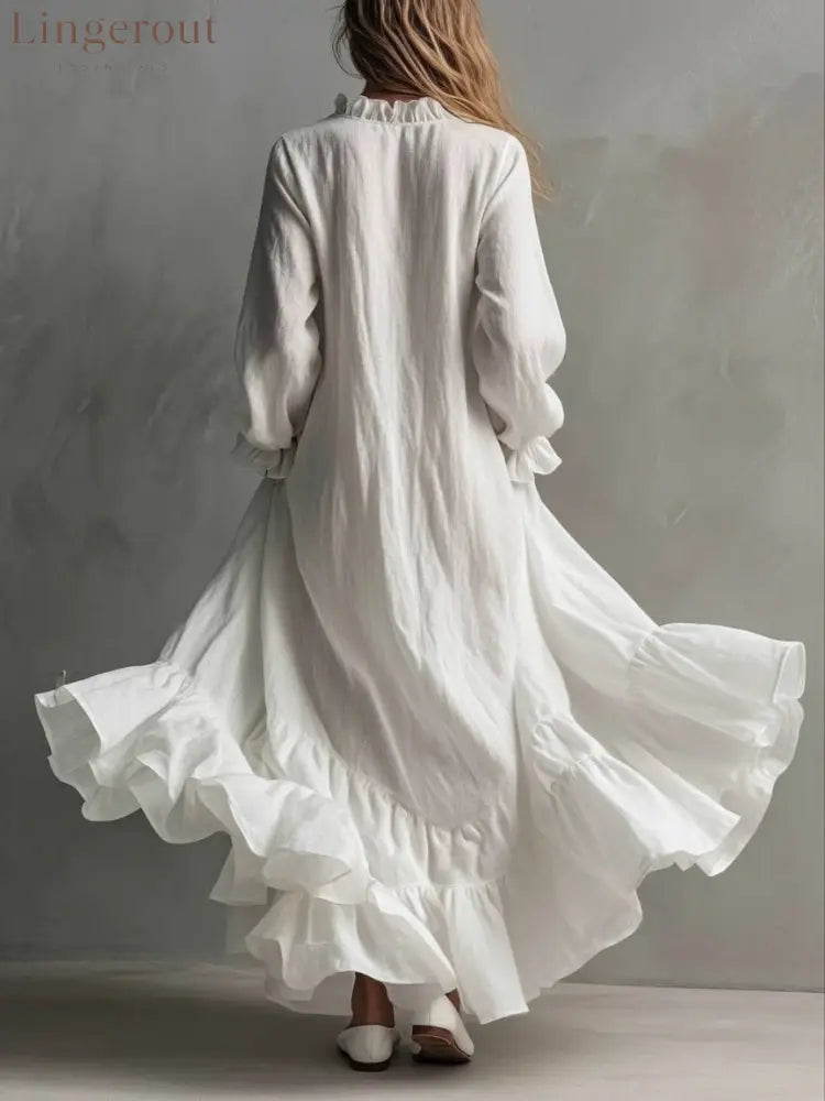White Ruffle Linen Maxi Dress | Loose Long Sleeve Flowy Beach Dress