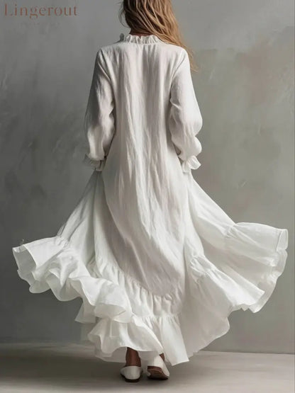 White Ruffle Linen Maxi Dress | Loose Long Sleeve Flowy Beach Dress