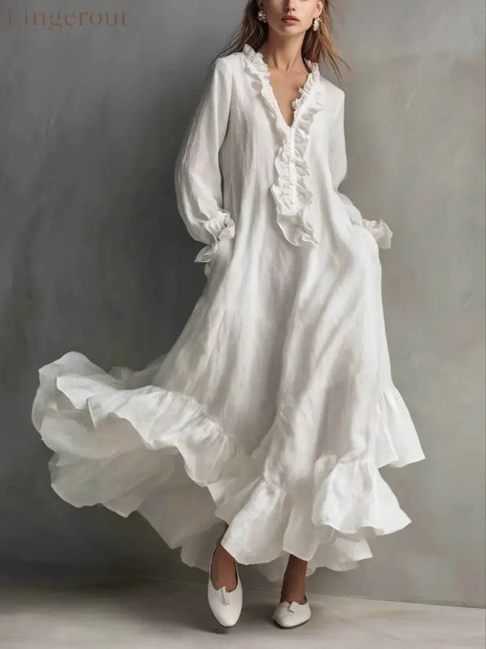 White Ruffle Linen Maxi Dress | Loose Long Sleeve Flowy Beach Dress - White / S