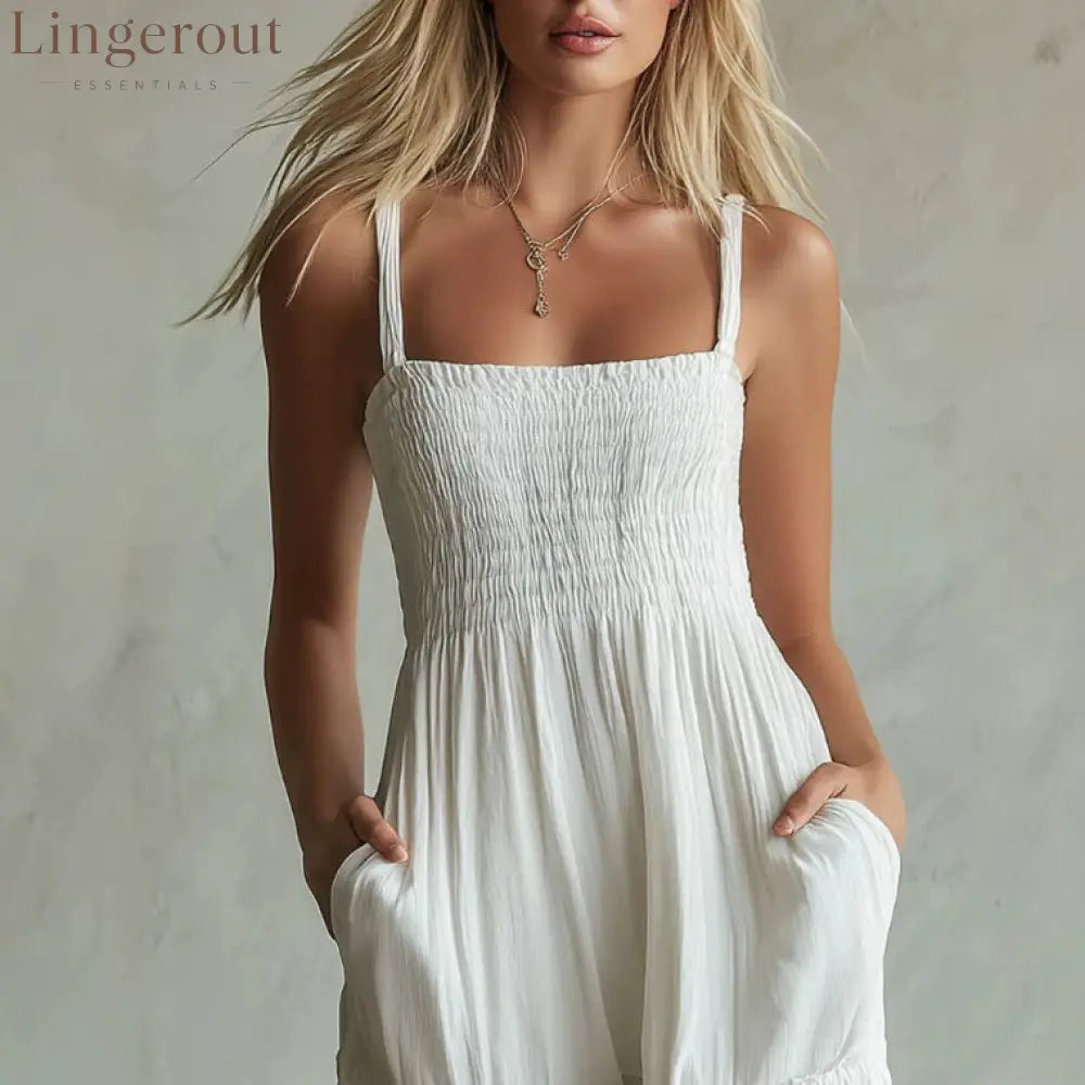 White Smocked Wide-Leg Jumpsuit