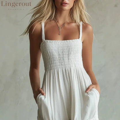 White Smocked Wide-Leg Jumpsuit