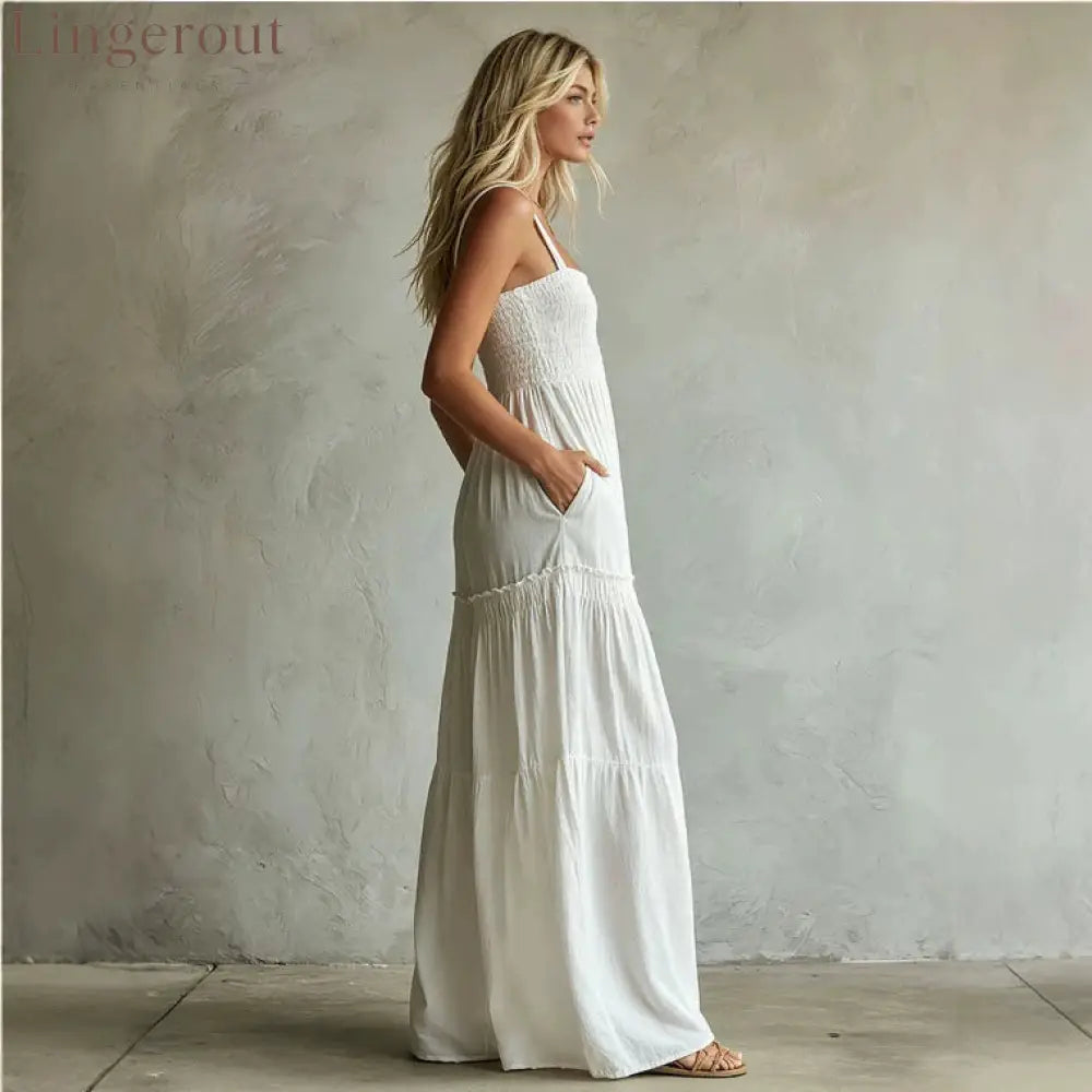White Smocked Wide-Leg Jumpsuit