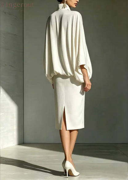 White V Neck Loose Elegant Midi Skirt Set
