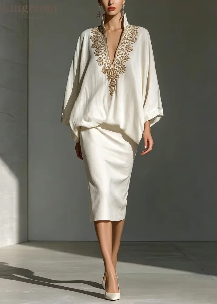 White V Neck Loose Elegant Midi Skirt Set