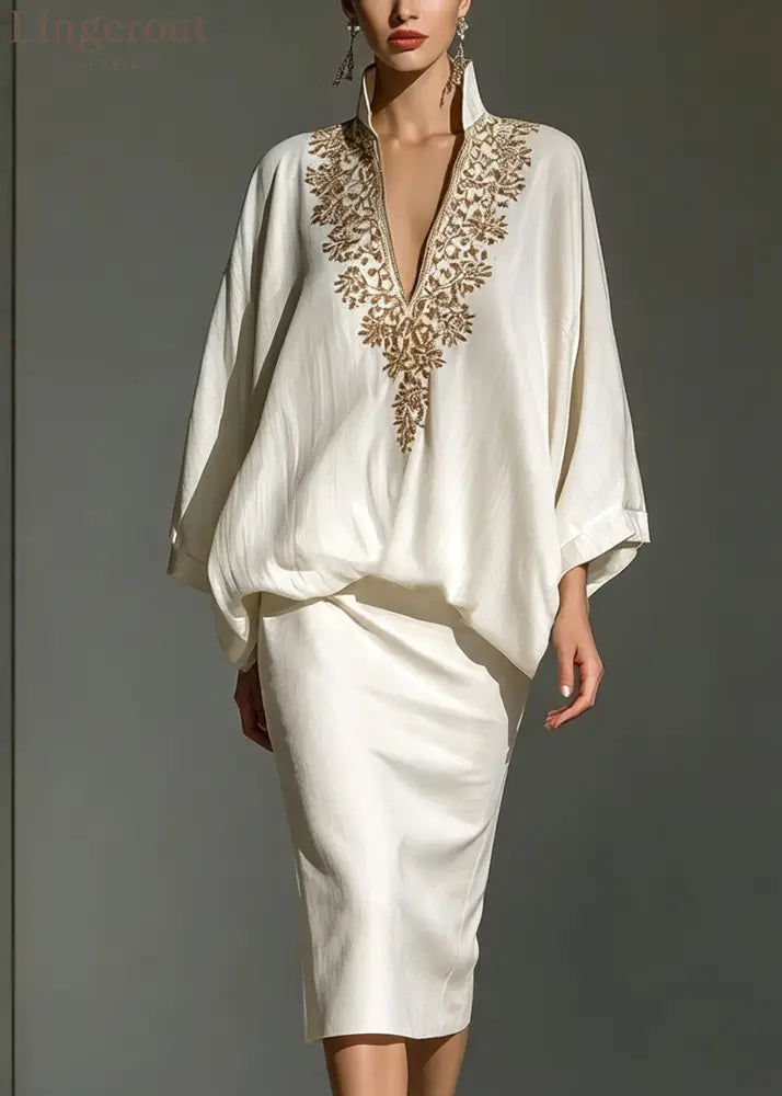 White V Neck Loose Elegant Midi Skirt Set