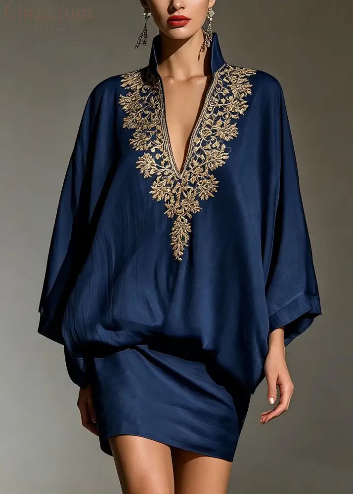 White V Neck Loose Elegant Mini Skirt Set - Navy / XS(2) - Matching Sets