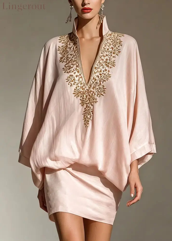 White V Neck Loose Elegant Mini Skirt Set - Pink / XS(2) - Matching Sets