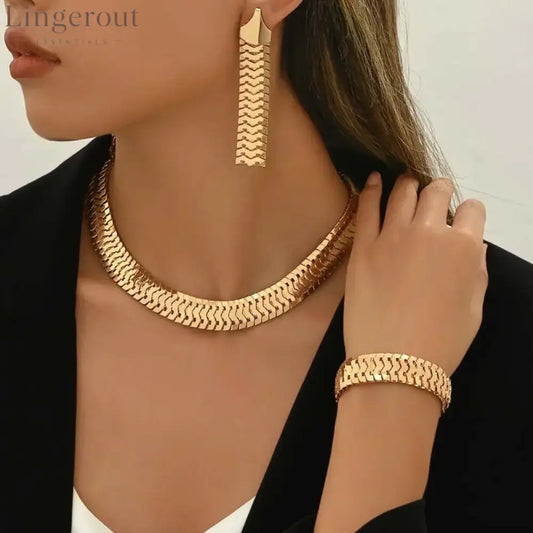 Wide Snake Scale Herringbone Jewelry 3-Piece Set Necklace Bracelet Drop Earrings - Golden yellow