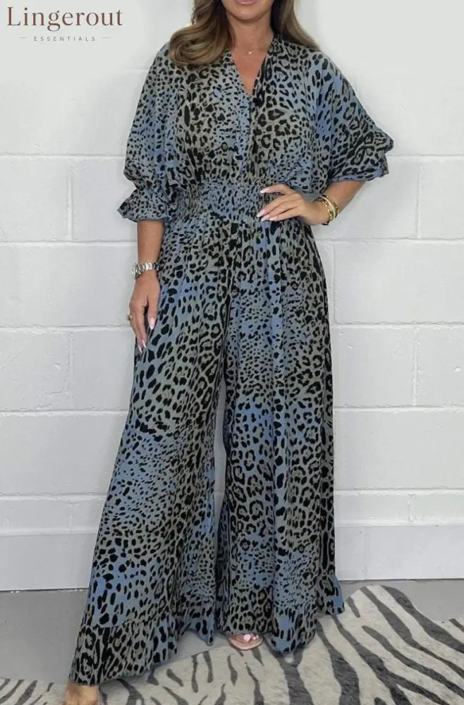 Wild Elegance Leopard Print Wide-Leg Jumpsuit - Blue / S