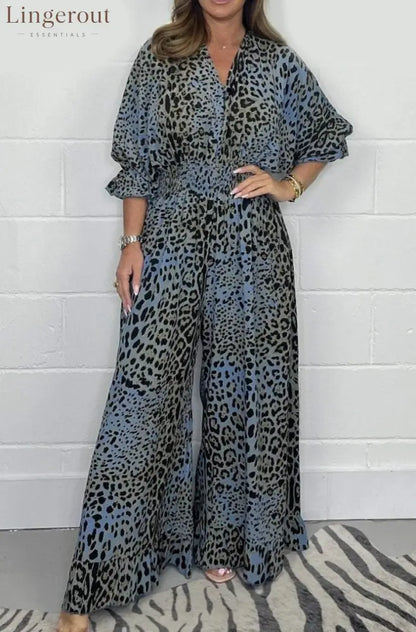 Wild Elegance Leopard Print Wide-Leg Jumpsuit - Blue / S