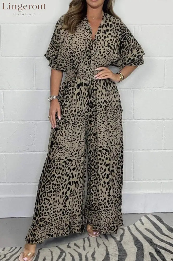Wild Elegance Leopard Print Wide-Leg Jumpsuit - Camel / S