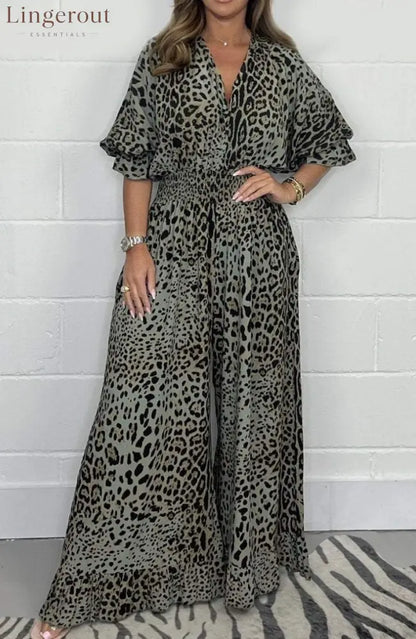 Wild Elegance Leopard Print Wide-Leg Jumpsuit - Green / S