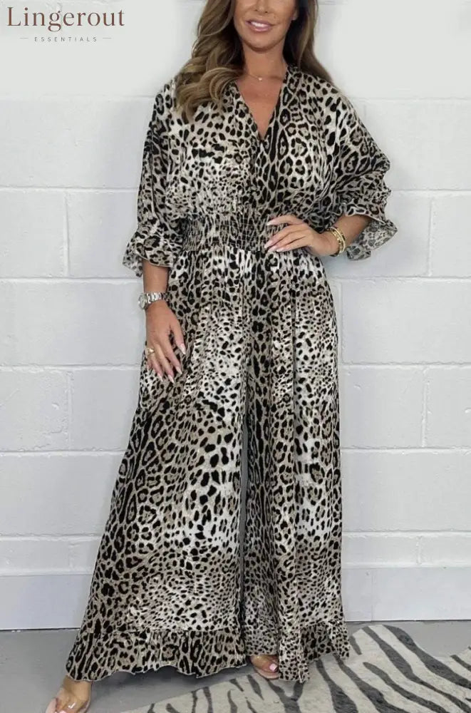 Wild Elegance Leopard Print Wide-Leg Jumpsuit - White / S