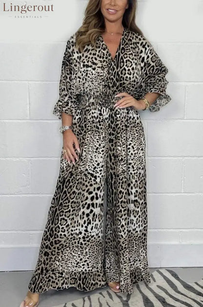 Wild Elegance Leopard Print Wide-Leg Jumpsuit - White / S