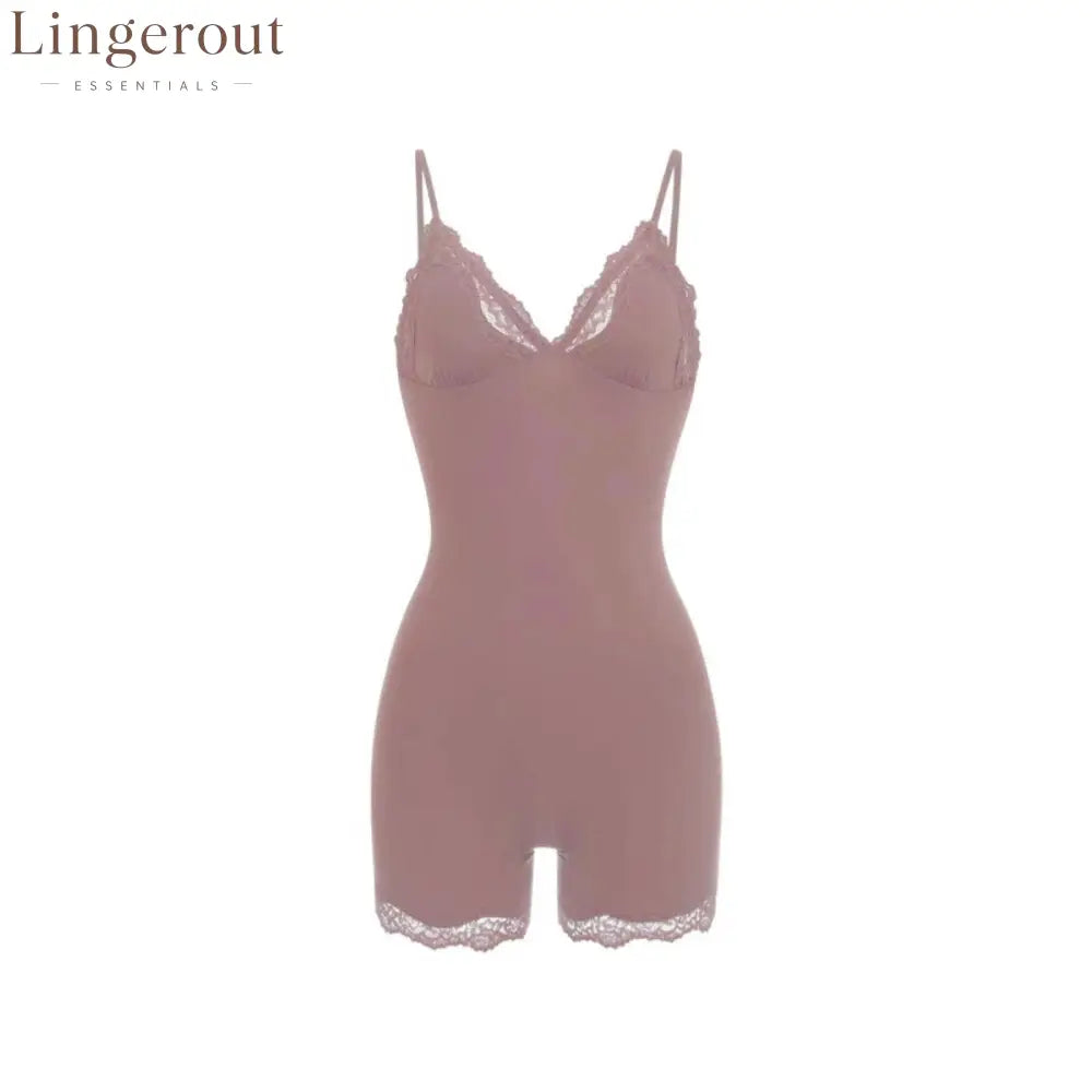 Wireless Lace V-Neck Shaping Bodysuit - Khaki / XS