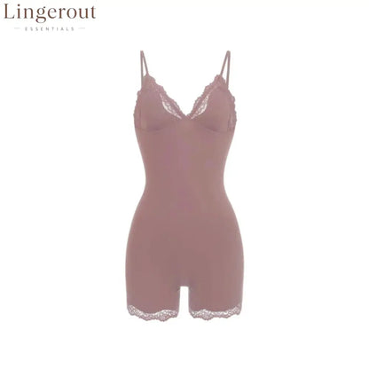 Wireless Lace V-Neck Shaping Bodysuit - Khaki / XS