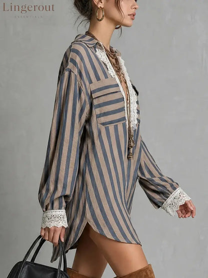 Women Boho Striped Lace Patchwork Tunic Shirt Loose Long Sleeve Casual Blouse Top
