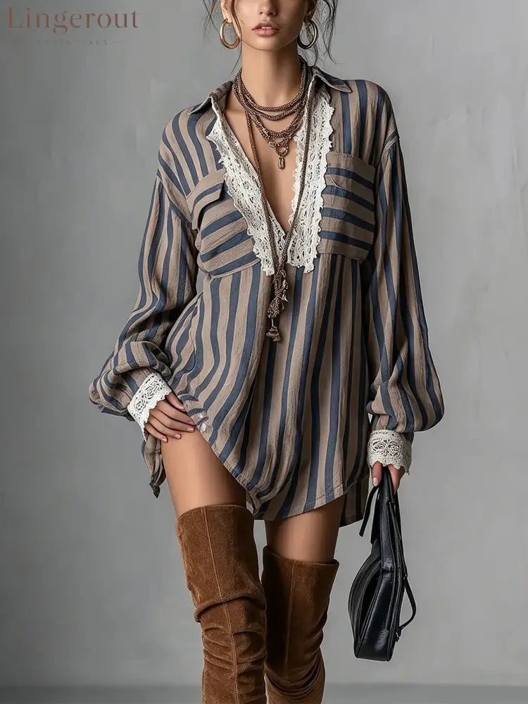 Women Boho Striped Lace Patchwork Tunic Shirt Loose Long Sleeve Casual Blouse Top - Slate Blue / S