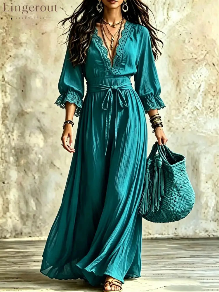 Women Boho V‑Neck Maxi Dress 3/4 Flare Bell Sleeve Tie Waist A‑Line Flowy Long Dress Casual Vacation Beach Dress