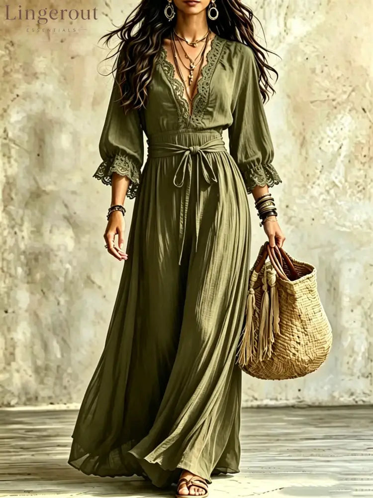Women Boho V‑Neck Maxi Dress 3/4 Flare Bell Sleeve Tie Waist A‑Line Flowy Long Dress Casual Vacation Beach Dress - Army