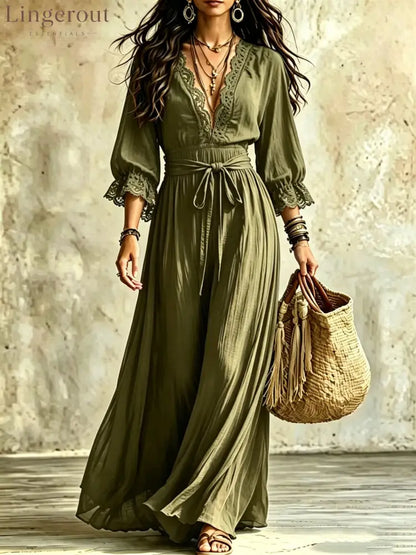 Women Boho V‑Neck Maxi Dress 3/4 Flare Bell Sleeve Tie Waist A‑Line Flowy Long Dress Casual Vacation Beach Dress - Army