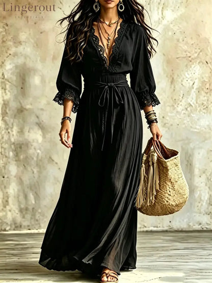 Women Boho V‑Neck Maxi Dress 3/4 Flare Bell Sleeve Tie Waist A‑Line Flowy Long Dress Casual Vacation Beach Dress