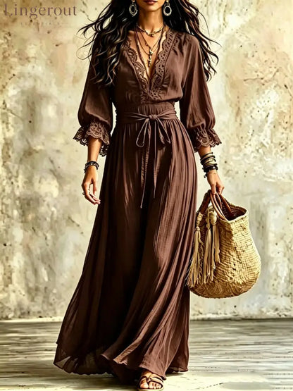 Women Boho V‑Neck Maxi Dress 3/4 Flare Bell Sleeve Tie Waist A‑Line Flowy Long Dress Casual Vacation Beach Dress