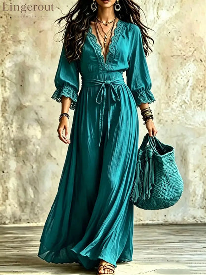 Women Boho V‑Neck Maxi Dress 3/4 Flare Bell Sleeve Tie Waist A‑Line Flowy Long Dress Casual Vacation Beach Dress