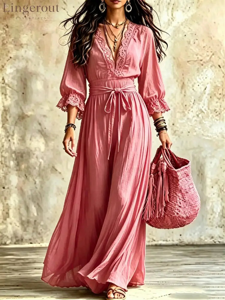 Women Boho V‑Neck Maxi Dress 3/4 Flare Bell Sleeve Tie Waist A‑Line Flowy Long Dress Casual Vacation Beach Dress - Pink