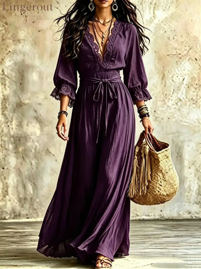 Women Boho V‑Neck Maxi Dress 3/4 Flare Bell Sleeve Tie Waist A‑Line Flowy Long Dress Casual Vacation Beach Dress