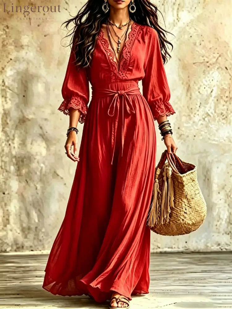 Women Boho V‑Neck Maxi Dress 3/4 Flare Bell Sleeve Tie Waist A‑Line Flowy Long Dress Casual Vacation Beach Dress - Red