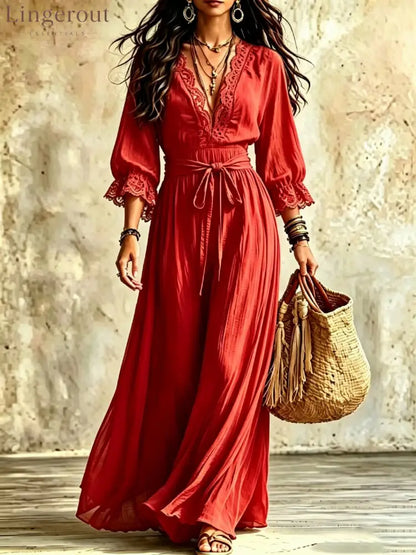 Women Boho V‑Neck Maxi Dress 3/4 Flare Bell Sleeve Tie Waist A‑Line Flowy Long Dress Casual Vacation Beach Dress - Red