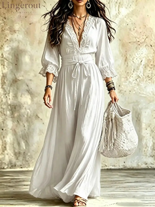 Women Boho V‑Neck Maxi Dress 3/4 Flare Bell Sleeve Tie Waist A‑Line Flowy Long Dress Casual Vacation Beach Dress