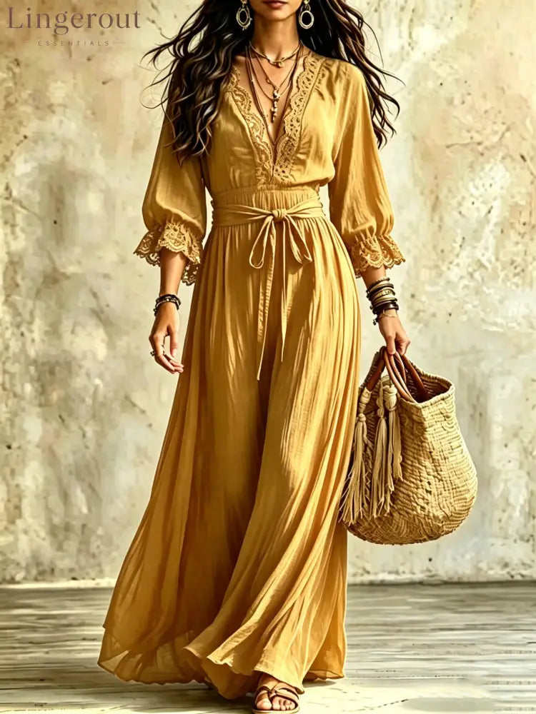 Women Boho V‑Neck Maxi Dress 3/4 Flare Bell Sleeve Tie Waist A‑Line Flowy Long Dress Casual Vacation Beach Dress