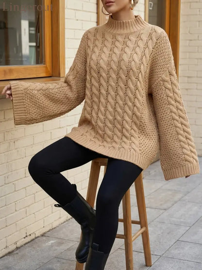 Women Cable Knit Turtleneck Sweater Oversized Loose Pullover Fall Winter Top