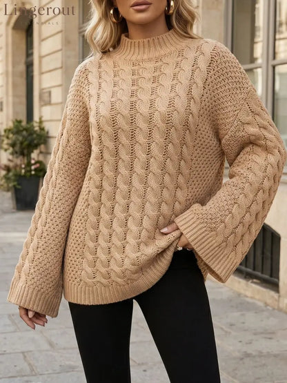 Women Cable Knit Turtleneck Sweater Oversized Loose Pullover Fall Winter Top - Khaki / S