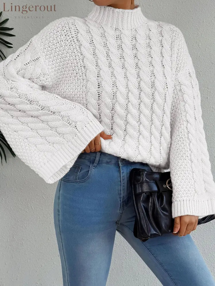 Women Cable Knit Turtleneck Sweater Oversized Loose Pullover Fall Winter Top - White / S
