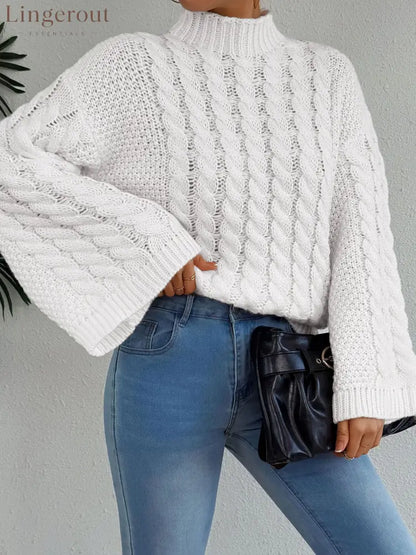 Women Cable Knit Turtleneck Sweater Oversized Loose Pullover Fall Winter Top - White / S