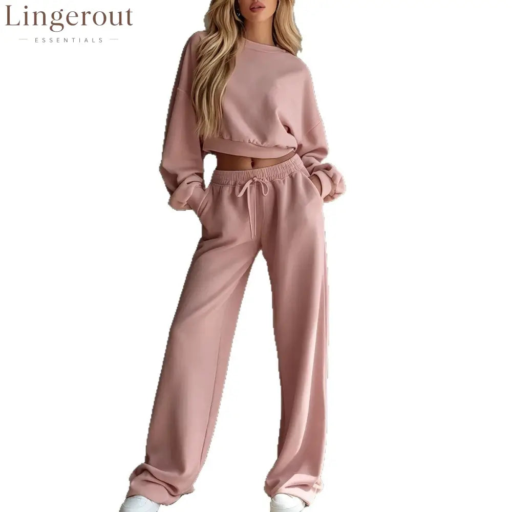Women Casual 2‑Piece Tracksuit Set Cropped Sweatshirt Wide Leg Pants Loungewear Outfit