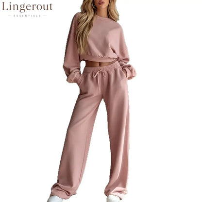 Women Casual 2‑Piece Tracksuit Set Cropped Sweatshirt Wide Leg Pants Loungewear Outfit