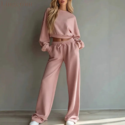 Women Casual 2‑Piece Tracksuit Set Cropped Sweatshirt Wide Leg Pants Loungewear Outfit - Bean Paste Pink / XS