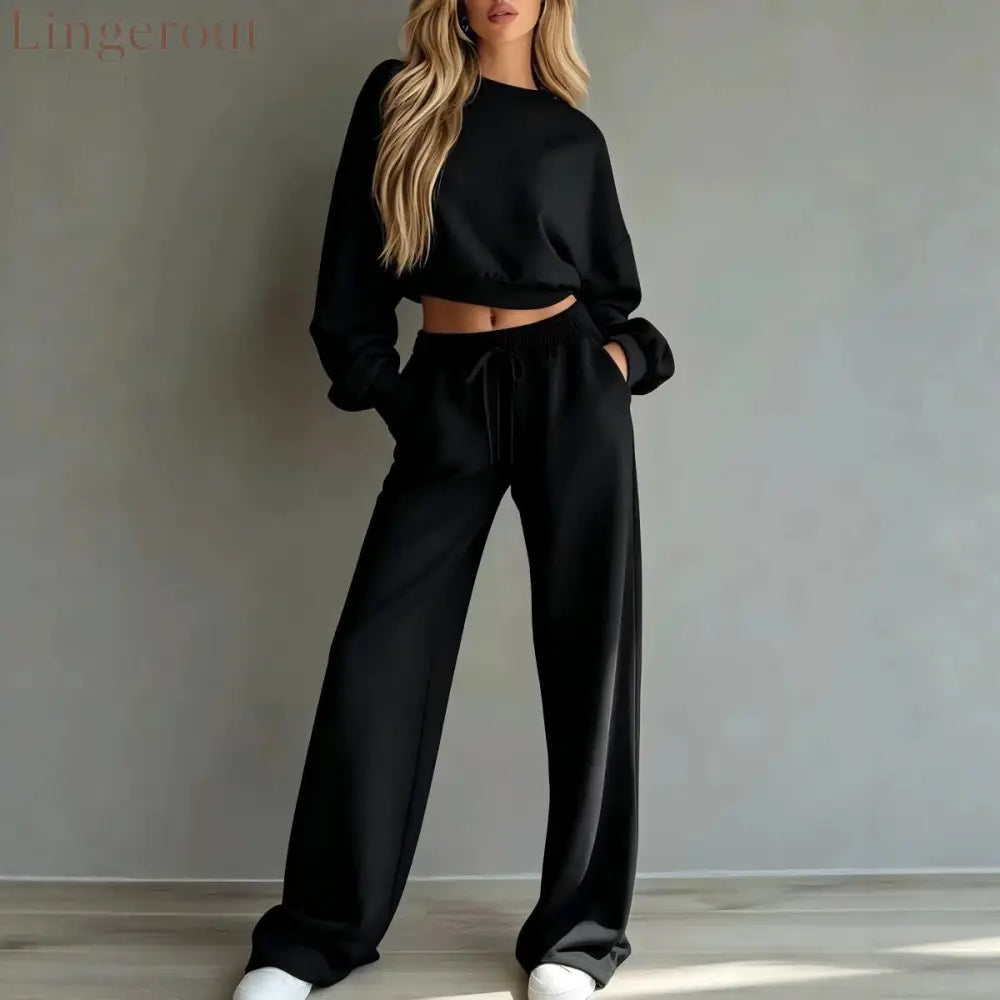 Women Casual 2‑Piece Tracksuit Set Cropped Sweatshirt Wide Leg Pants Loungewear Outfit - Black / XS