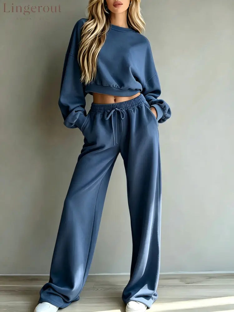 Women Casual 2‑Piece Tracksuit Set Cropped Sweatshirt Wide Leg Pants Loungewear Outfit - Dark Blue / XS