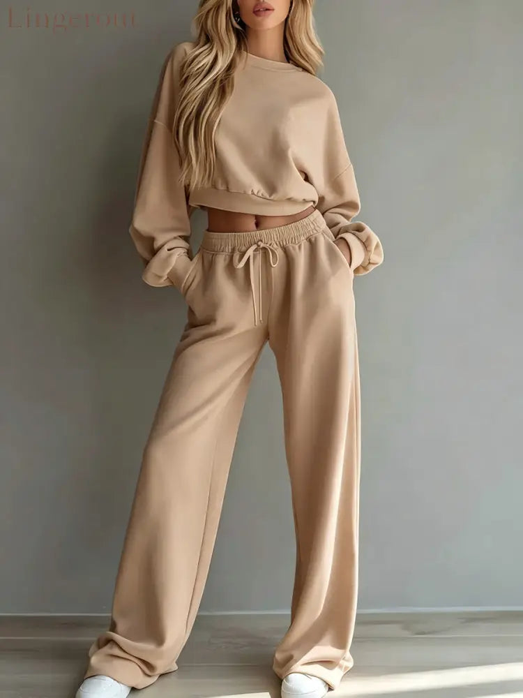 Women Casual 2‑Piece Tracksuit Set Cropped Sweatshirt Wide Leg Pants Loungewear Outfit - Khaki / XS