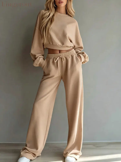 Women Casual 2‑Piece Tracksuit Set Cropped Sweatshirt Wide Leg Pants Loungewear Outfit - Khaki / XS