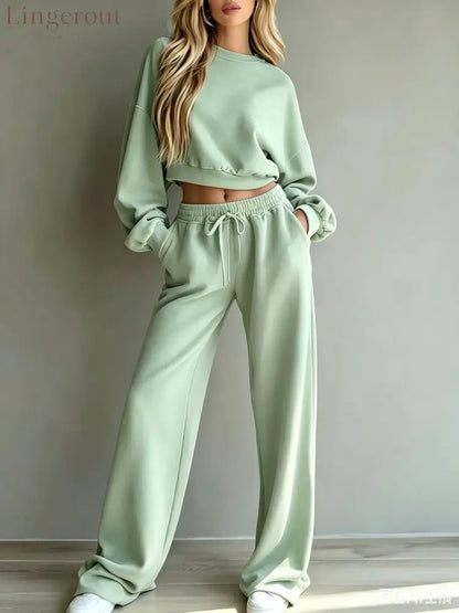 Women Casual 2‑Piece Tracksuit Set Cropped Sweatshirt Wide Leg Pants Loungewear Outfit - Light Green / XS