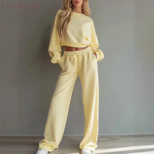 Women Casual 2‑Piece Tracksuit Set Cropped Sweatshirt Wide Leg Pants Loungewear Outfit - Light Yellow / XS