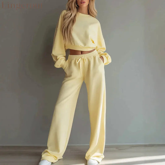 Women Casual 2‑Piece Tracksuit Set Cropped Sweatshirt Wide Leg Pants Loungewear Outfit - Light Yellow / XS