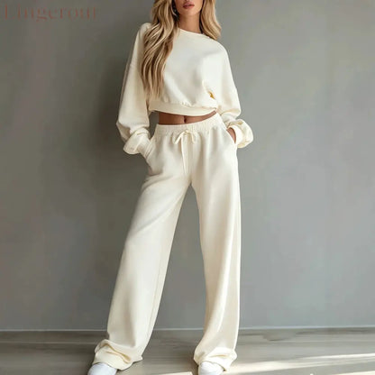 Women Casual 2‑Piece Tracksuit Set Cropped Sweatshirt Wide Leg Pants Loungewear Outfit - White / XS